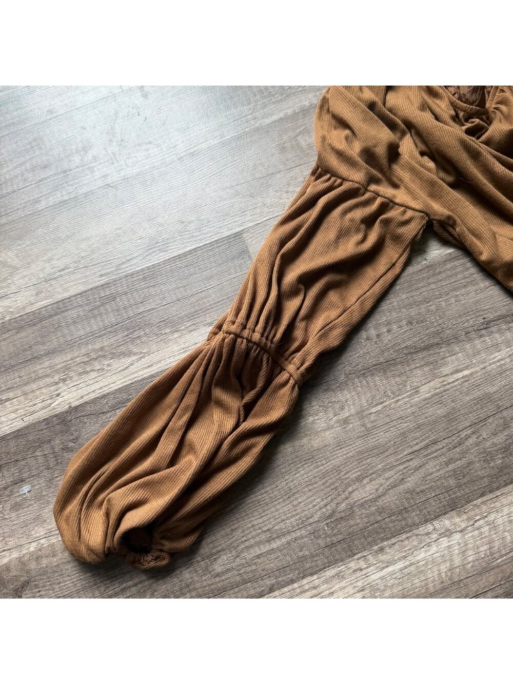 Brown Long-Sleeve Cropped Top By FP Movement With Ruched Sleeves & Button Detail - Picture 6 of 7